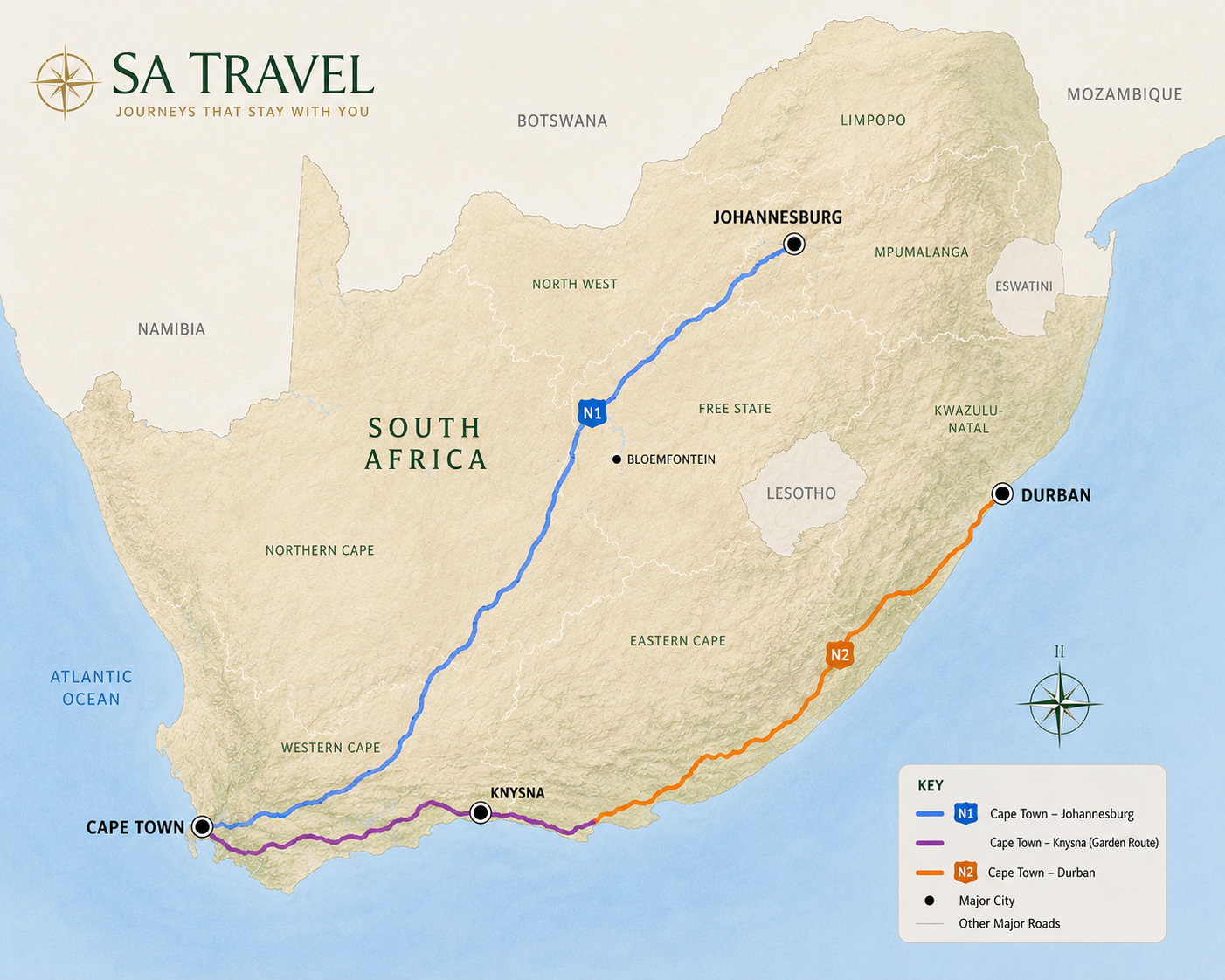 Map of South Africa showing SA Travel tour routes